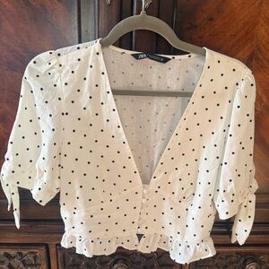 Rare Zara Cream Polka Dot Linen Blouse